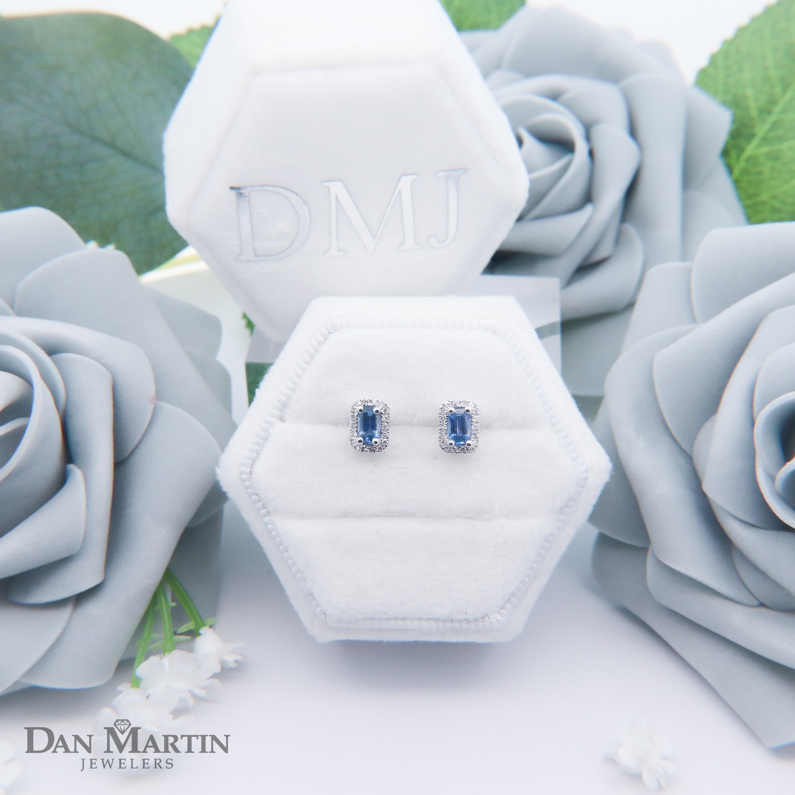 14K White Gold Ceylon Sapphire & Diamond Halo Earrings
