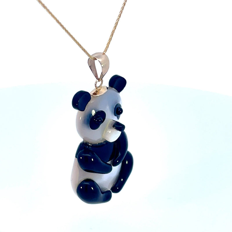 14K Yellow Gold Black Agate & Mother-of-Pearl 18" Panda Pendant