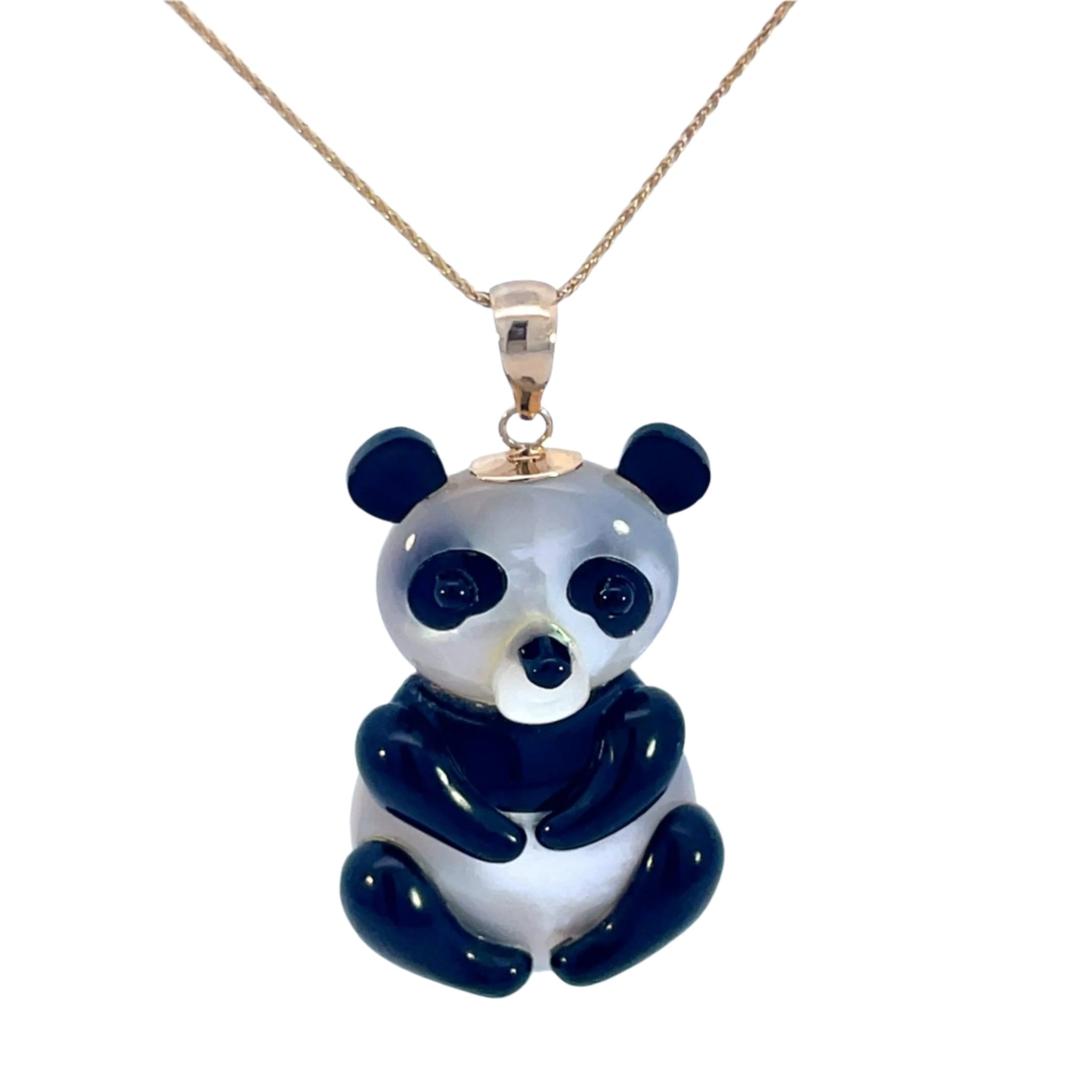 14K Yellow Gold Black Agate & Mother-of-Pearl 18" Panda Pendant