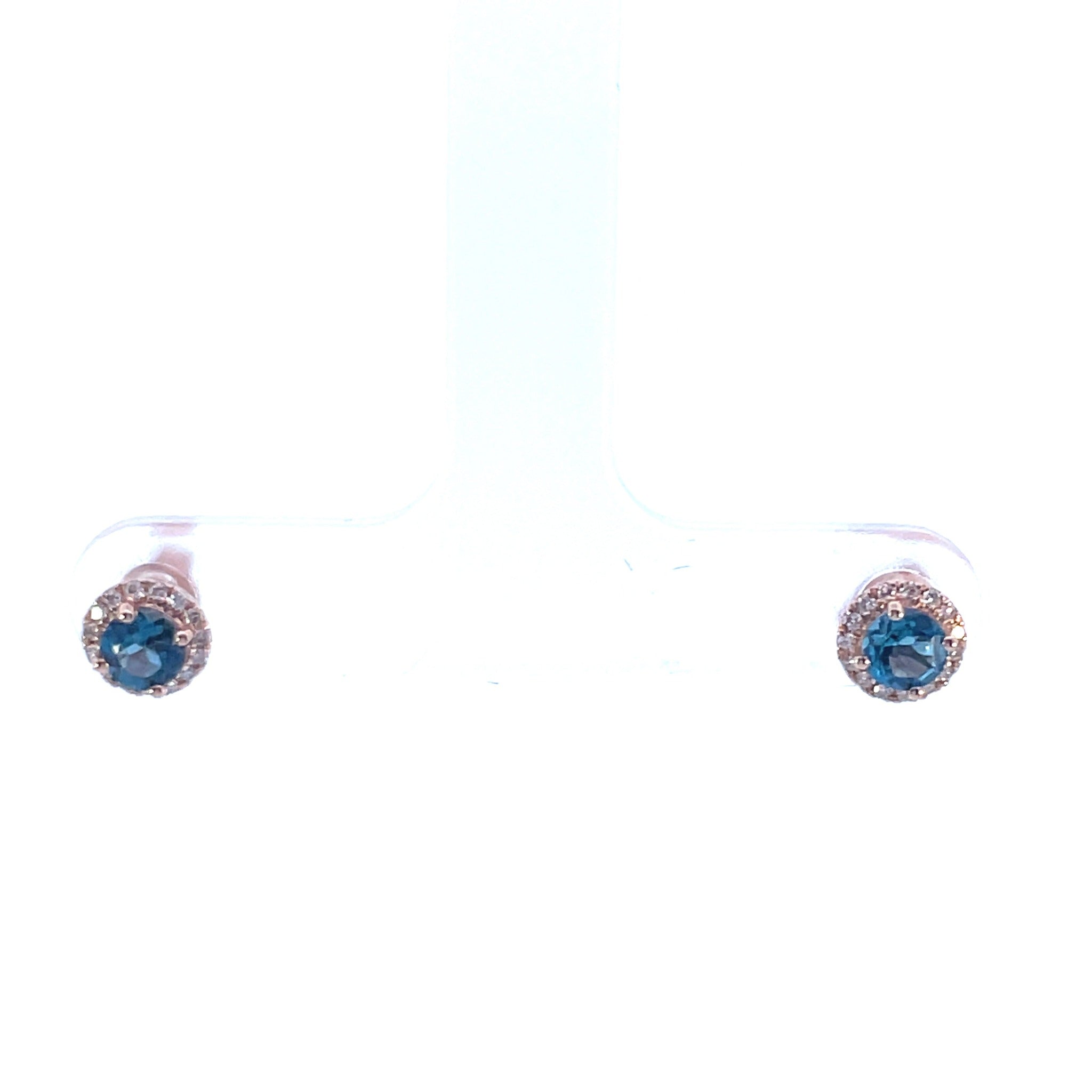 10K Yellow Gold 4mm London Blue Topaz  .12CTW Diamond Halo Stud Earrings