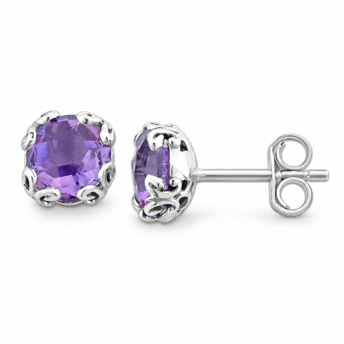 Samuel B. 925 sterling silver Birthstone Glow stud earrings with amethyst and decorative scroll setting.