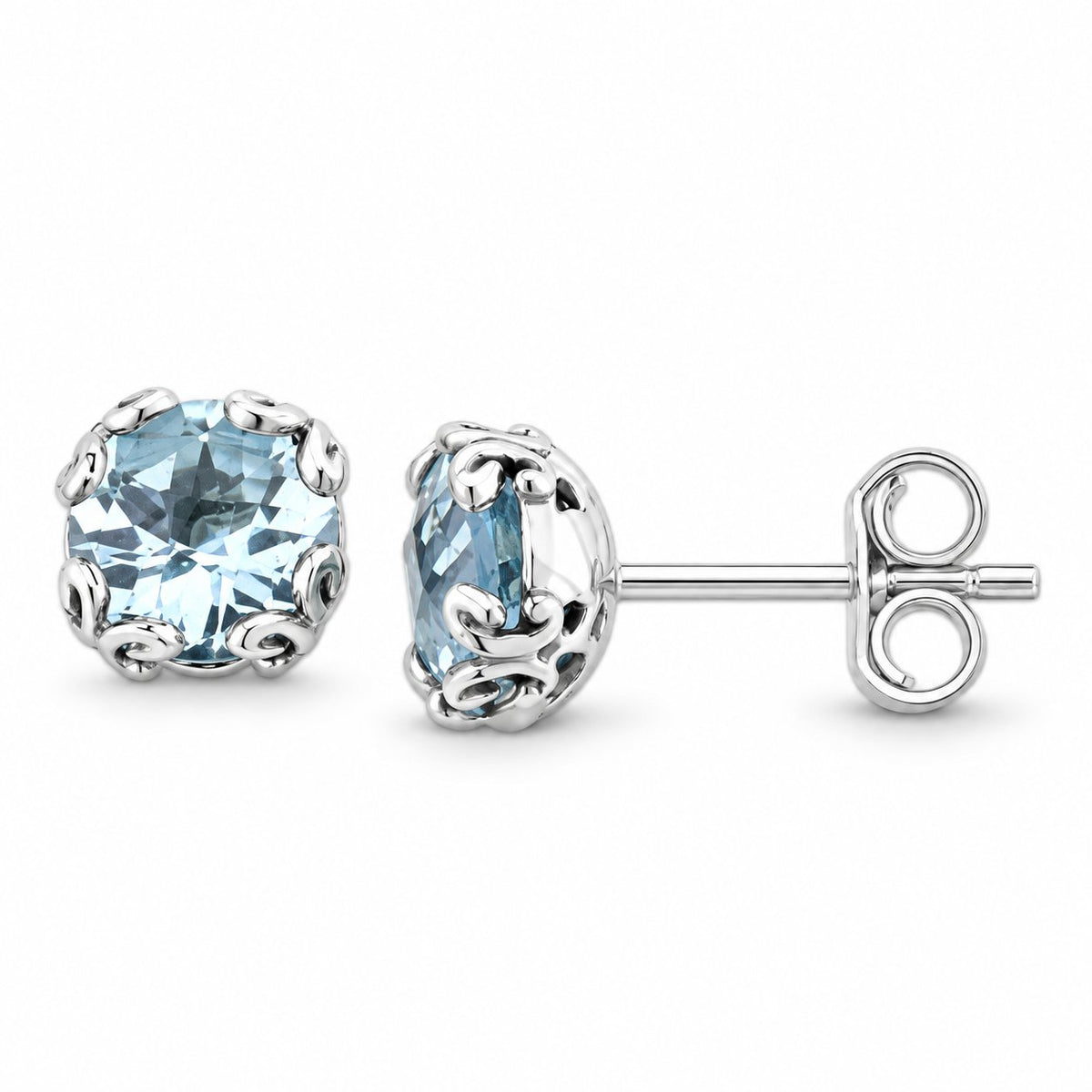 Samuel B. 925 sterling silver Birthstone Glow stud earrings with blue topaz and decorative scroll setting.