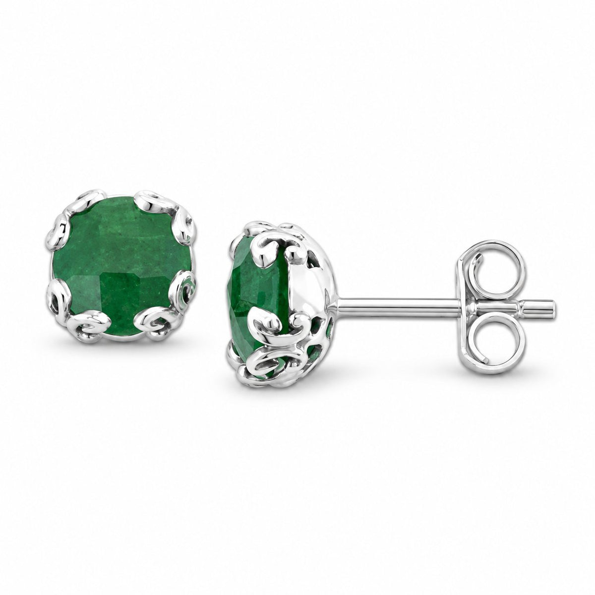 Samuel B. 925 sterling silver Birthstone Glow stud earrings with emerald and decorative scroll setting.