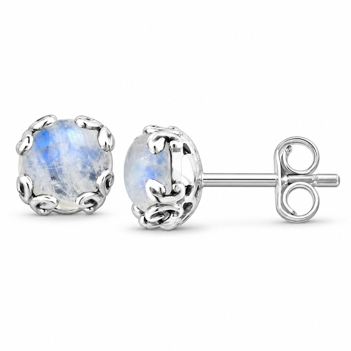 Samuel B. 925 sterling silver Birthstone Glow stud earrings with rainbow moonstone and decorative scroll setting.