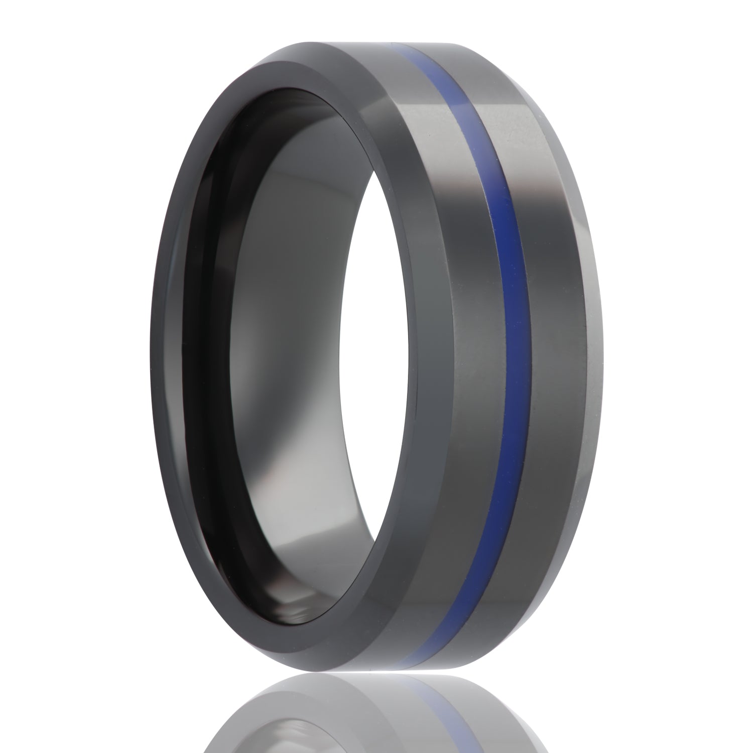 Men's 8MM Black Ceramic Band with Thin Blue Line Epoxy Inlay