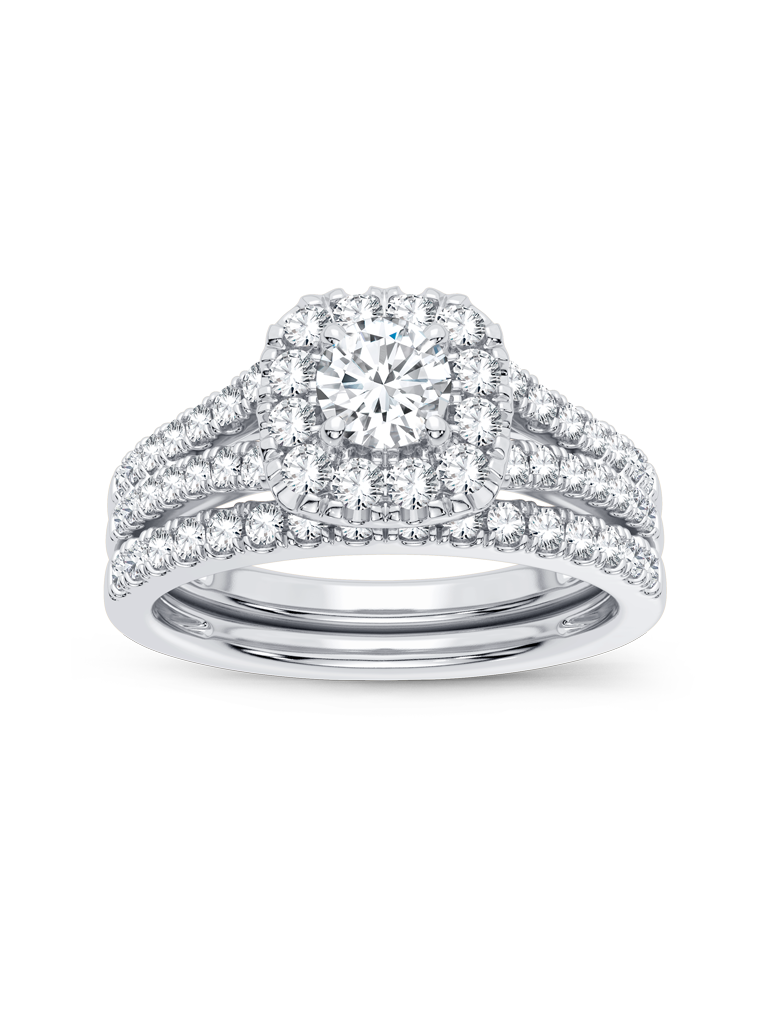 Gold 14KT White 1 CTW Lab Grown Split Shank, Cushion Frame Bridal Set