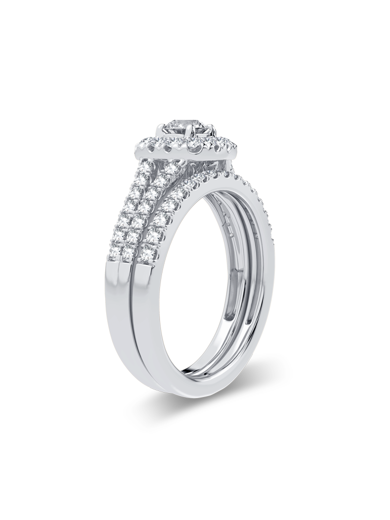 Gold 14KT White 1 CTW Lab Grown Split Shank, Cushion Frame Bridal Set