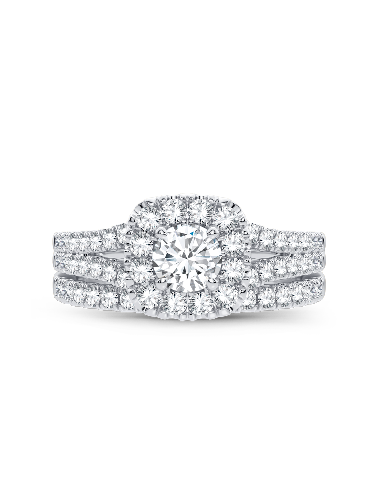 Gold 14KT White 1 CTW Lab Grown Split Shank, Cushion Frame Bridal Set