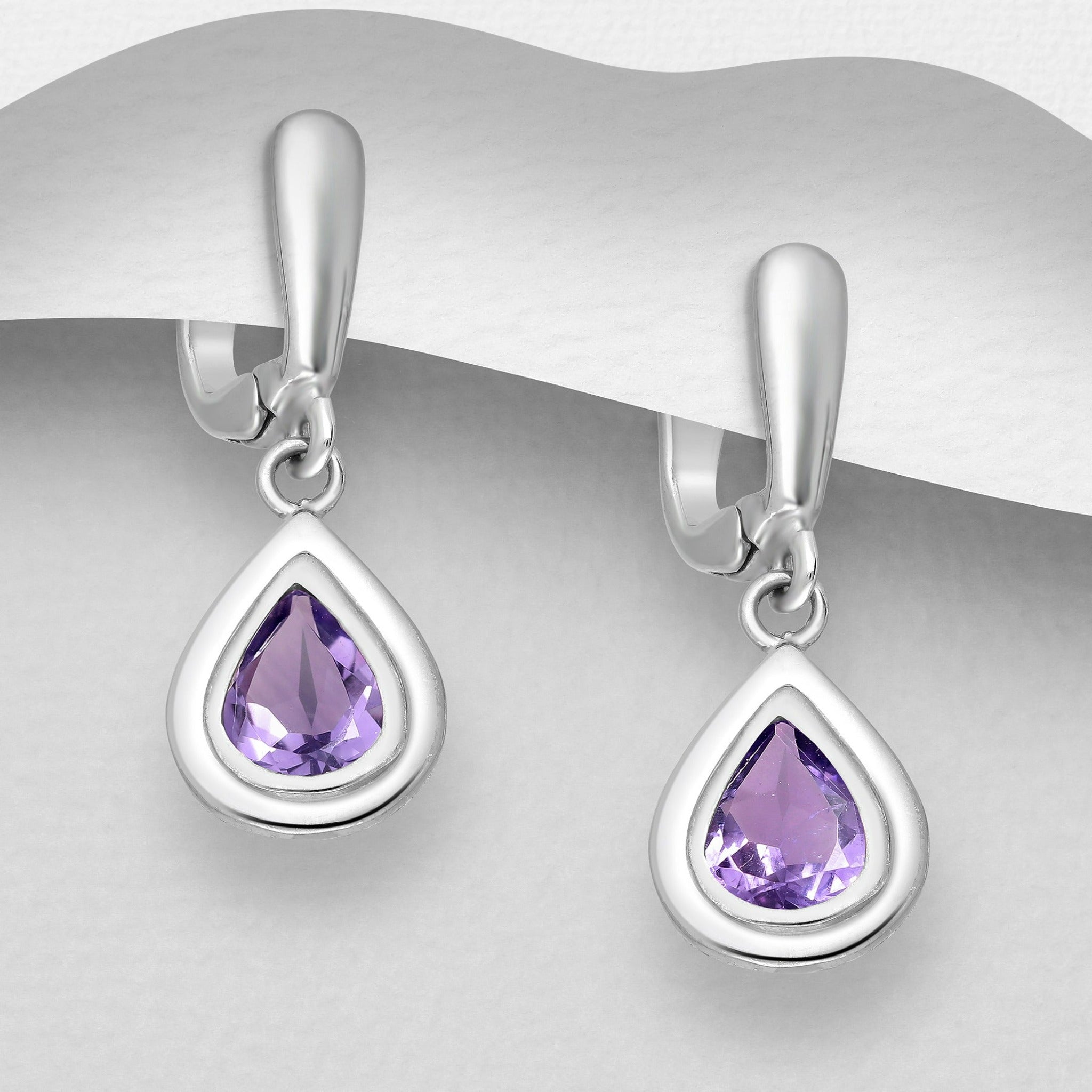 Sterling Silver Amethyst Droplet Layered-Bezel Earrings