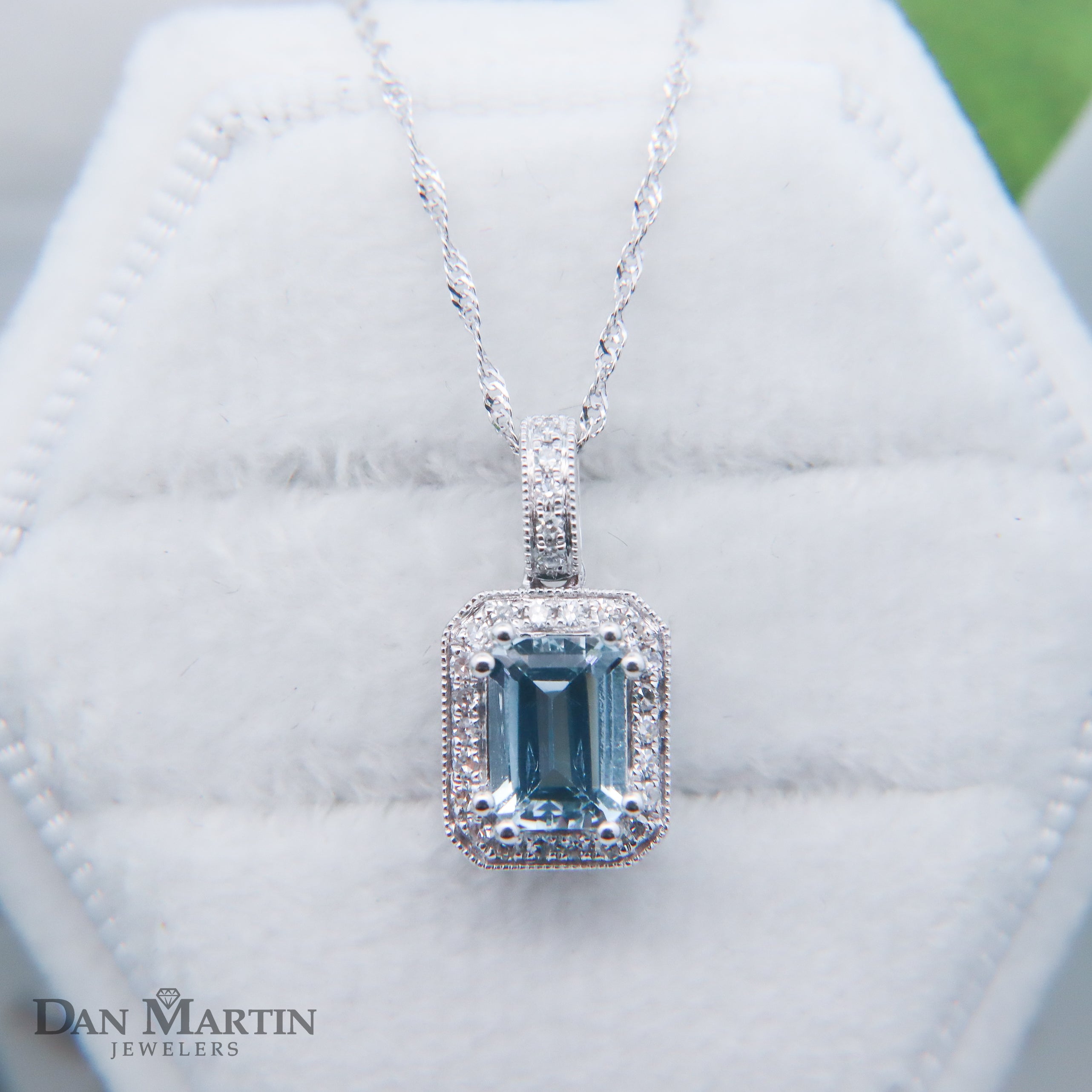 14K White Gold 1CT. Emerald-Cut Aquamarine & 1/6CT. Diamond Halo Pendant
