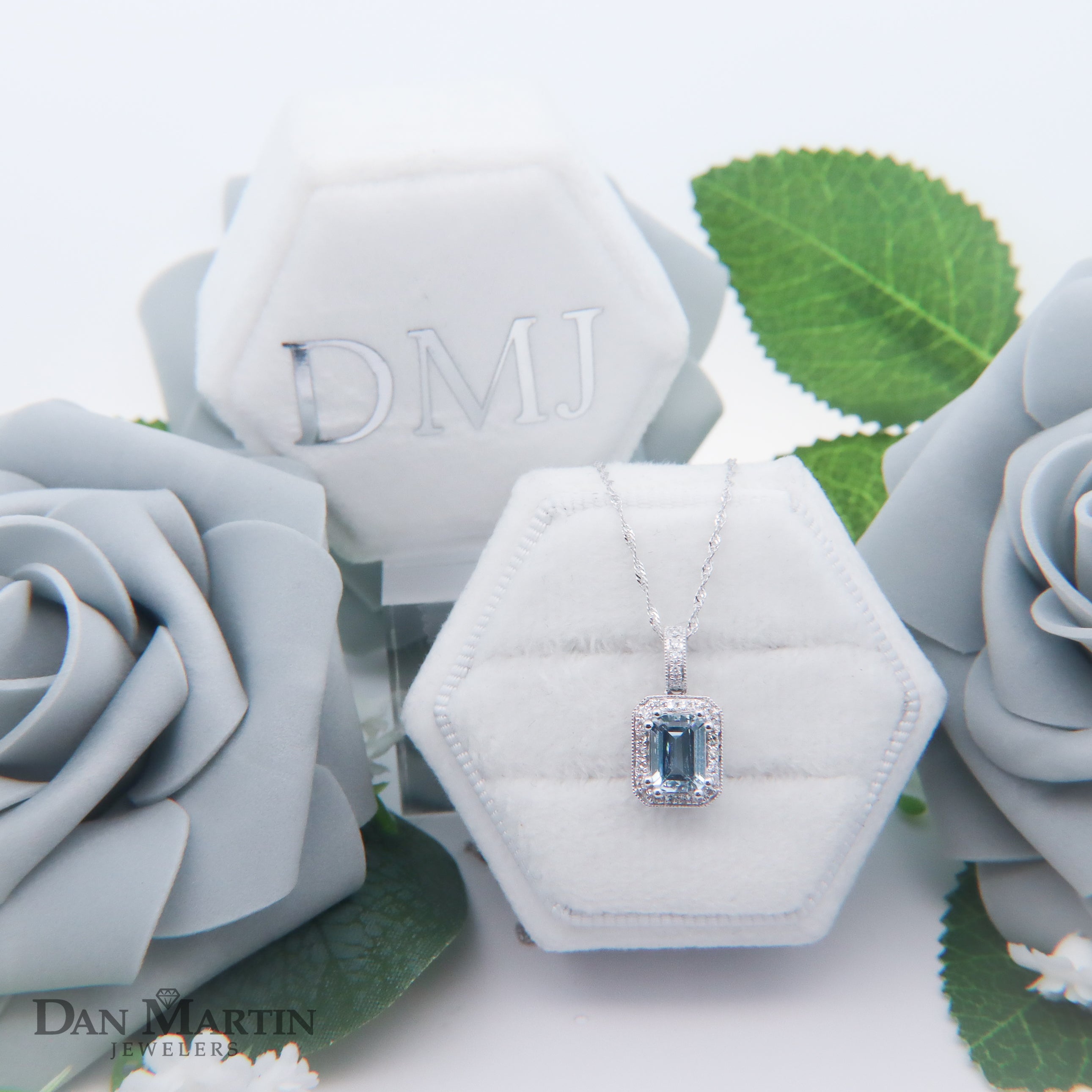 14K White Gold 1CT. Emerald-Cut Aquamarine & 1/6CT. Diamond Halo Pendant