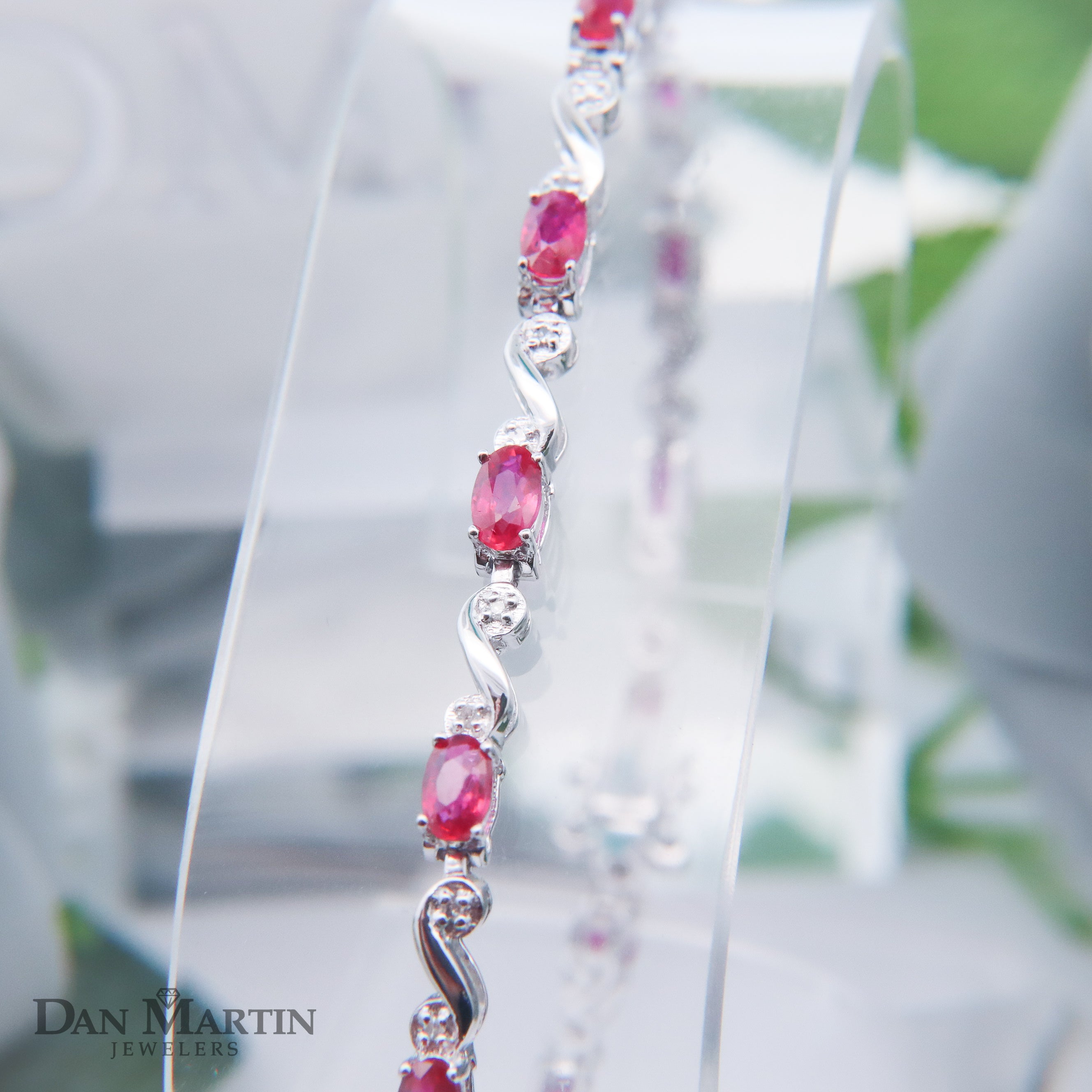 Sterling Silver 4-1/2CT. Natural Ruby & 1/6CT. Diamond Link Bracelet