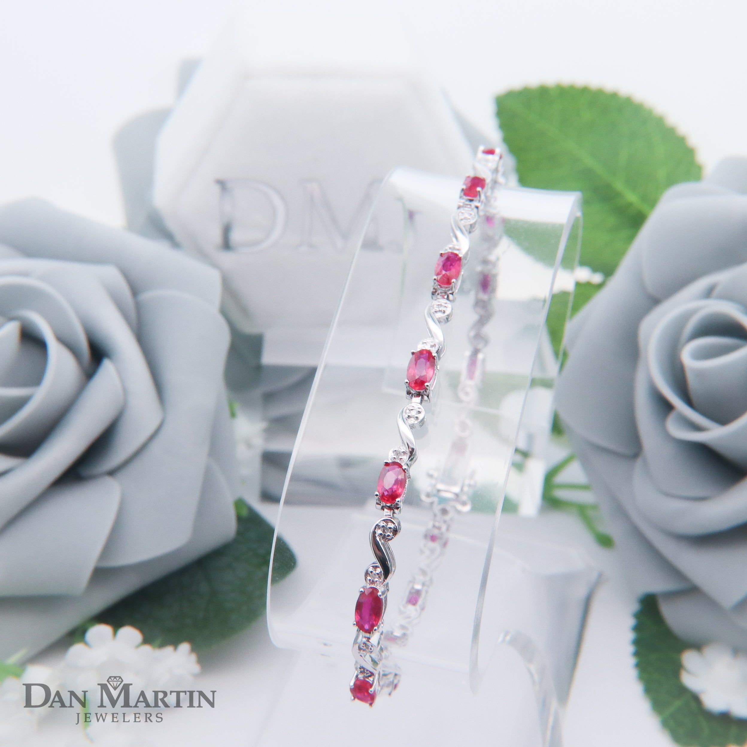 Sterling Silver 4-1/2CT. Natural Ruby & 1/6CT. Diamond Link Bracelet