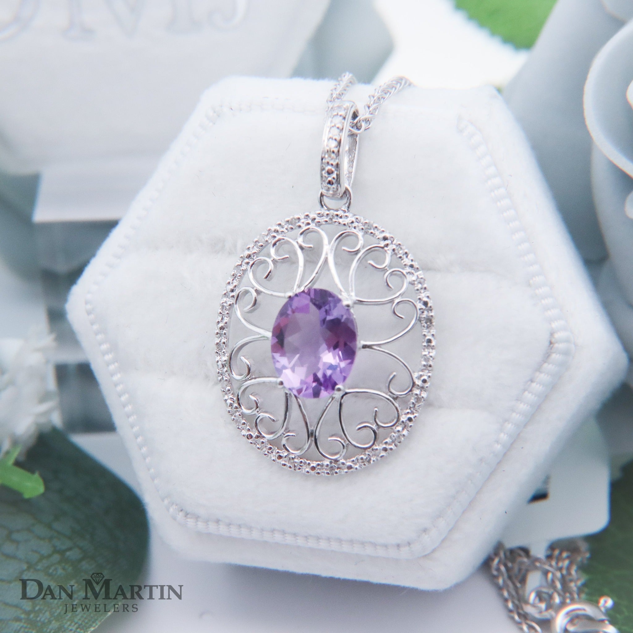 Sterling Silver 2CT. Oval-Cut Amethyst & 1/10CT. Diamond Filigree Pendant