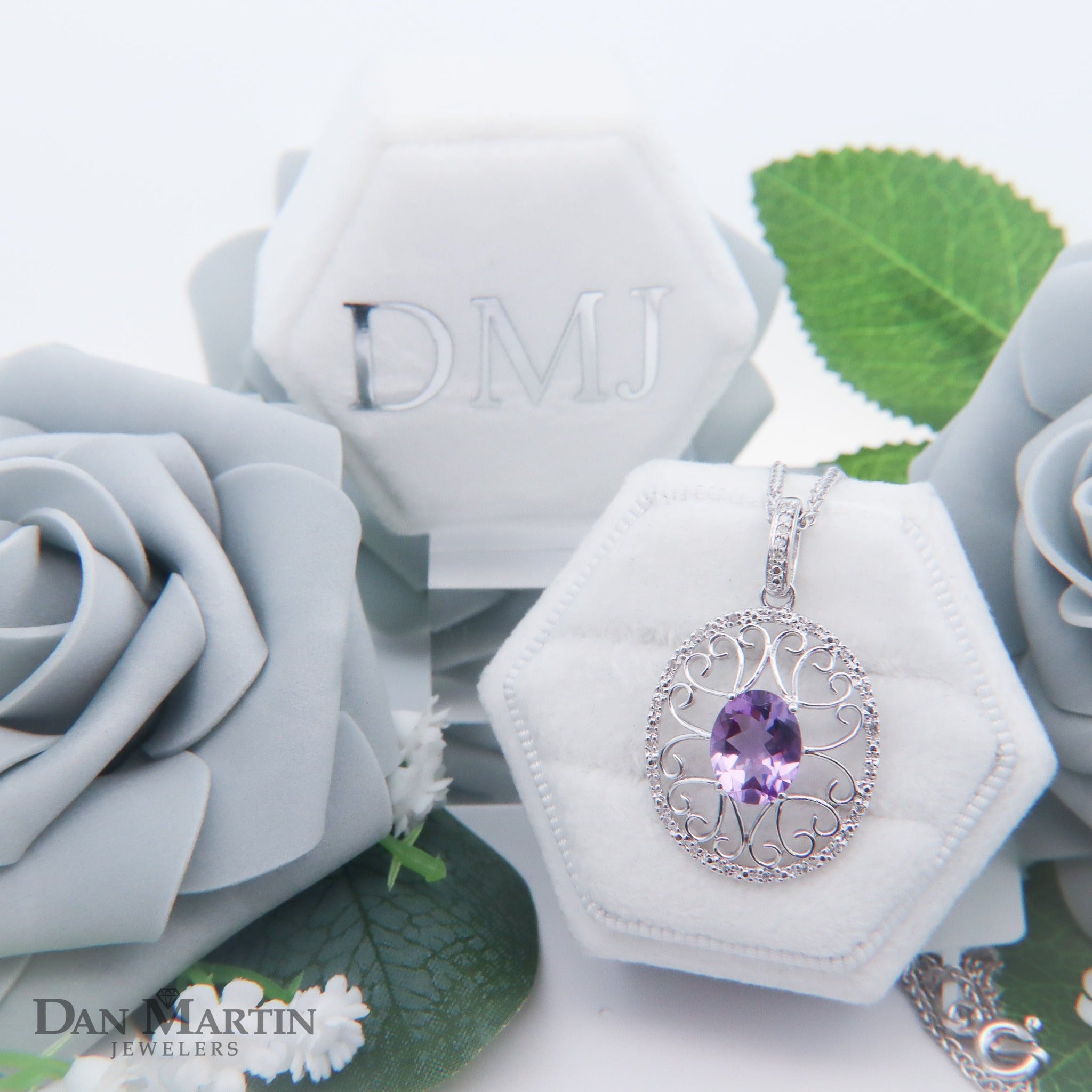 Sterling Silver 2CT. Oval-Cut Amethyst & 1/10CT. Diamond Filigree Pendant