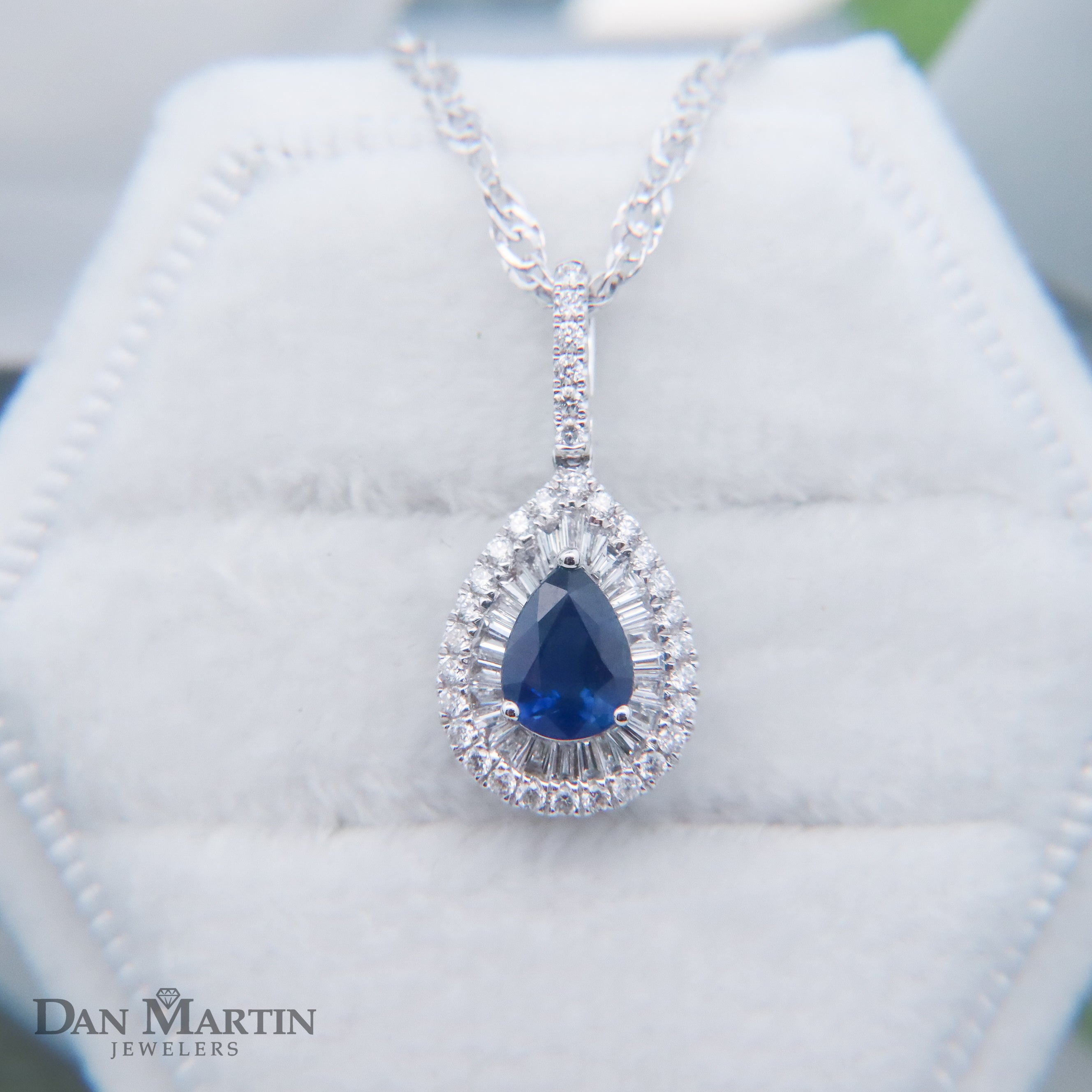 14K White Gold 7/8CT. Pear-Cut Natural Sapphire & 3/8CT. Diamond Fashion Pendant