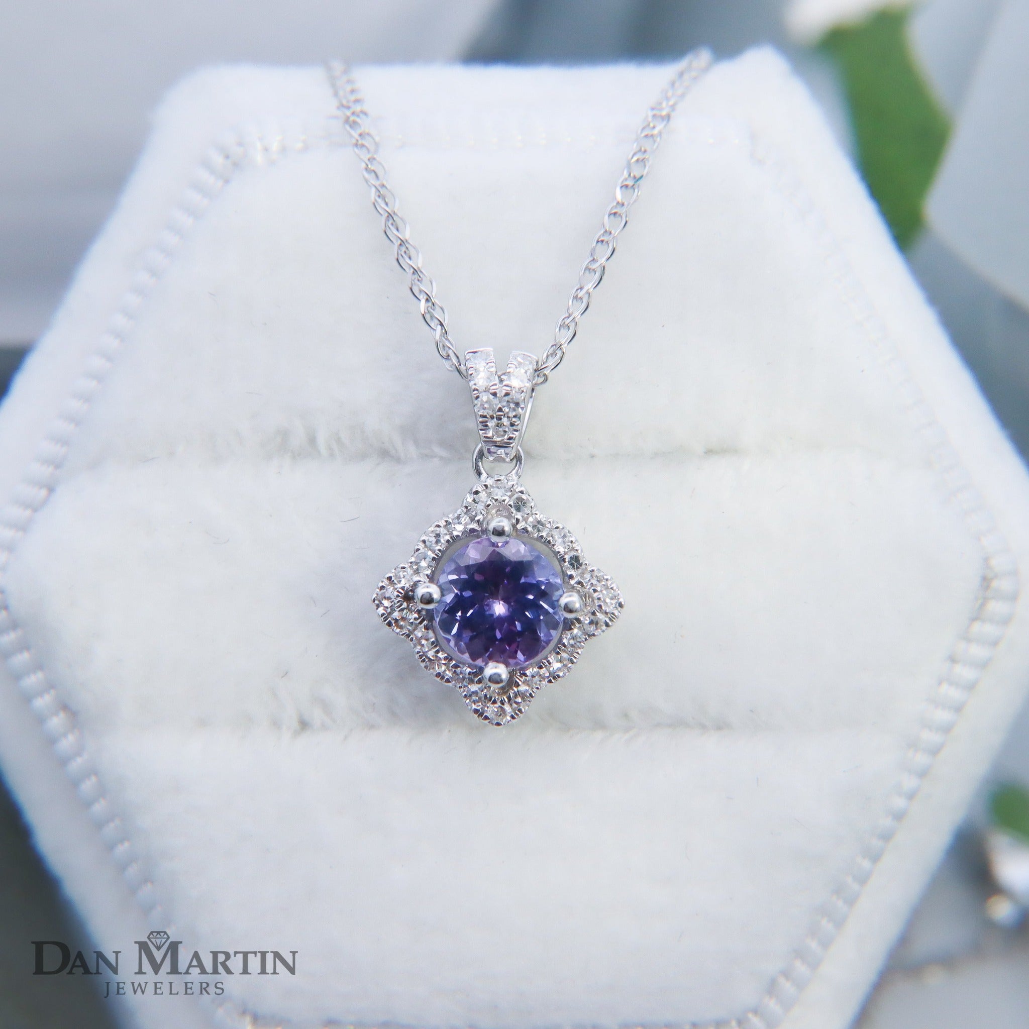 14K White Gold 3/4CT. Tanzanite & 1/6CT. Diamond Quatrefoil Pendant