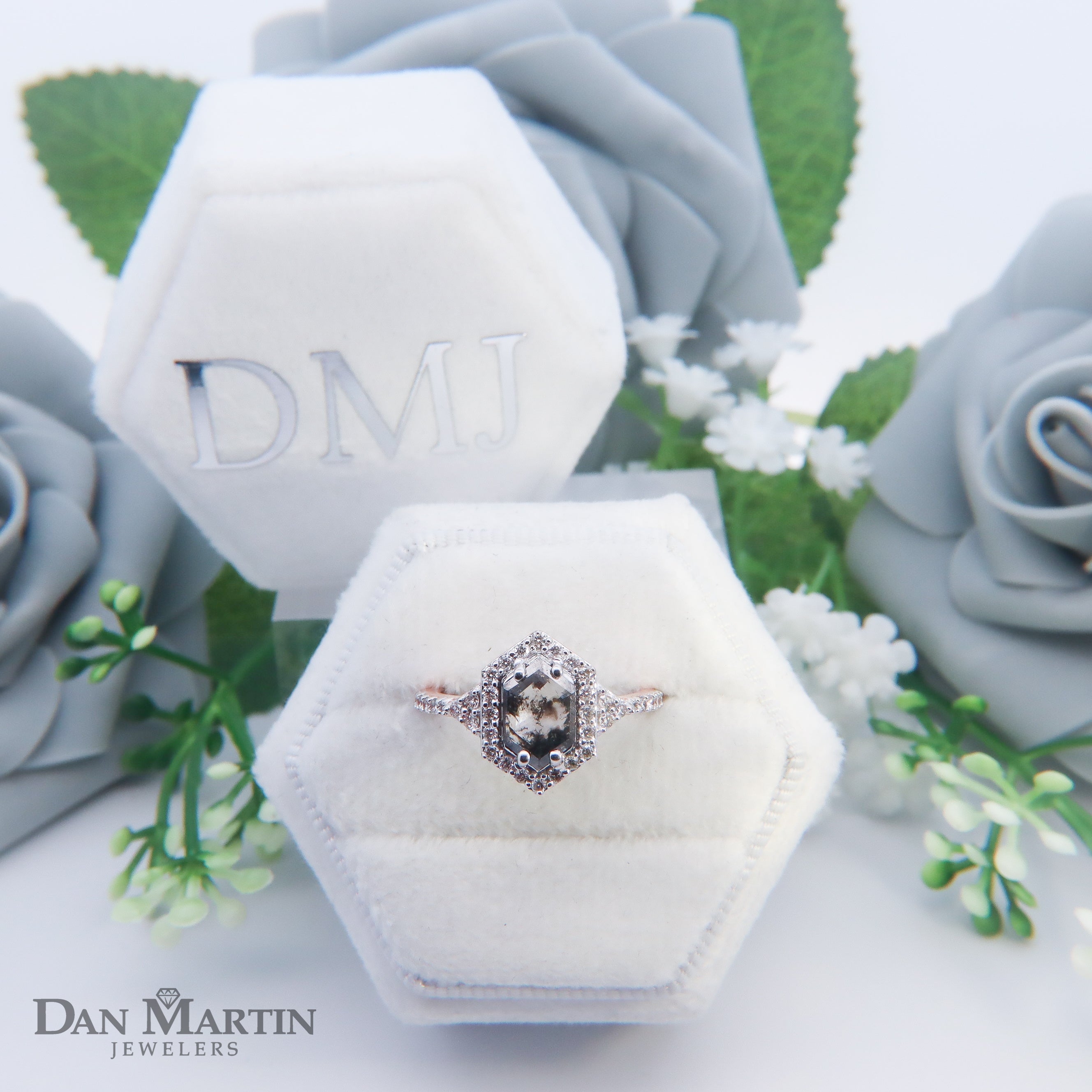 14K Rose Gold 1-3/8CTW. Elongated Hexagon-Cut Salt & Pepper Diamond Halo Engagement Ring