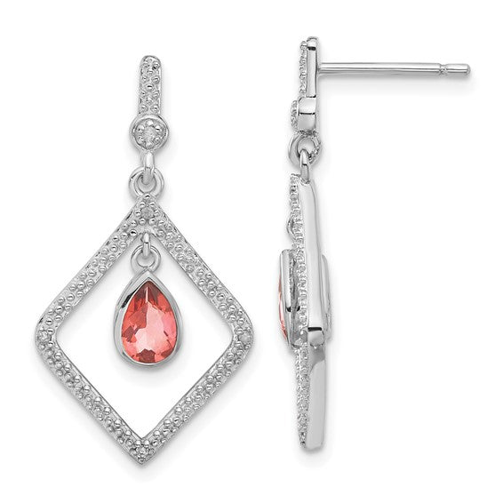 Sterling Silver Rose Quartz & Diamond Tear Drop Dangle Stud Earrings