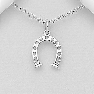 Silver horseshoe pendant on a chain against a light gray background
