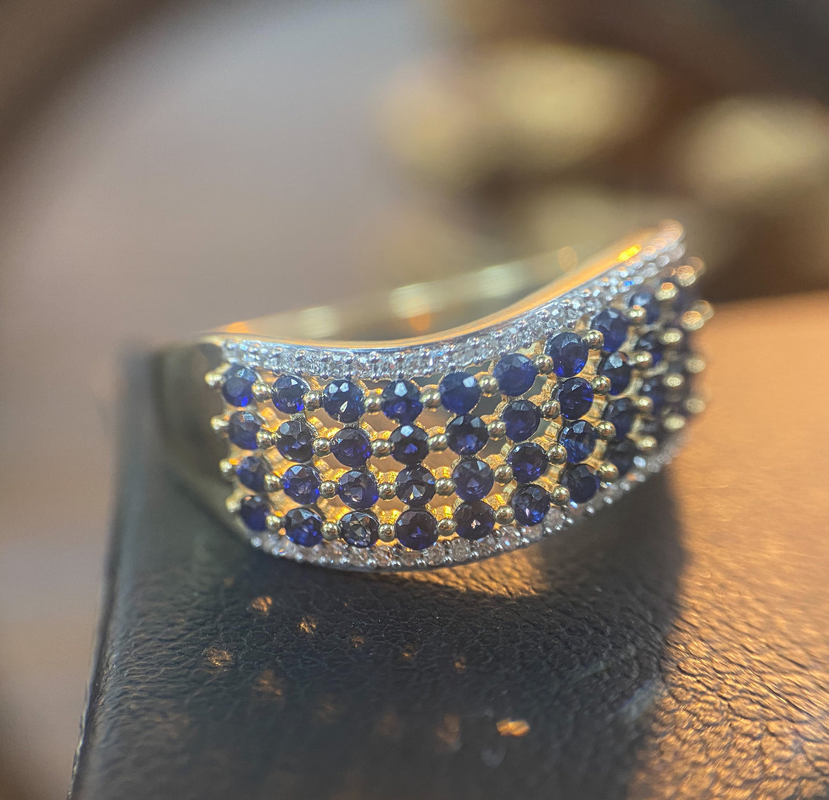 10K Yellow Gold Blue Sapphire and Diamond Wave Ring