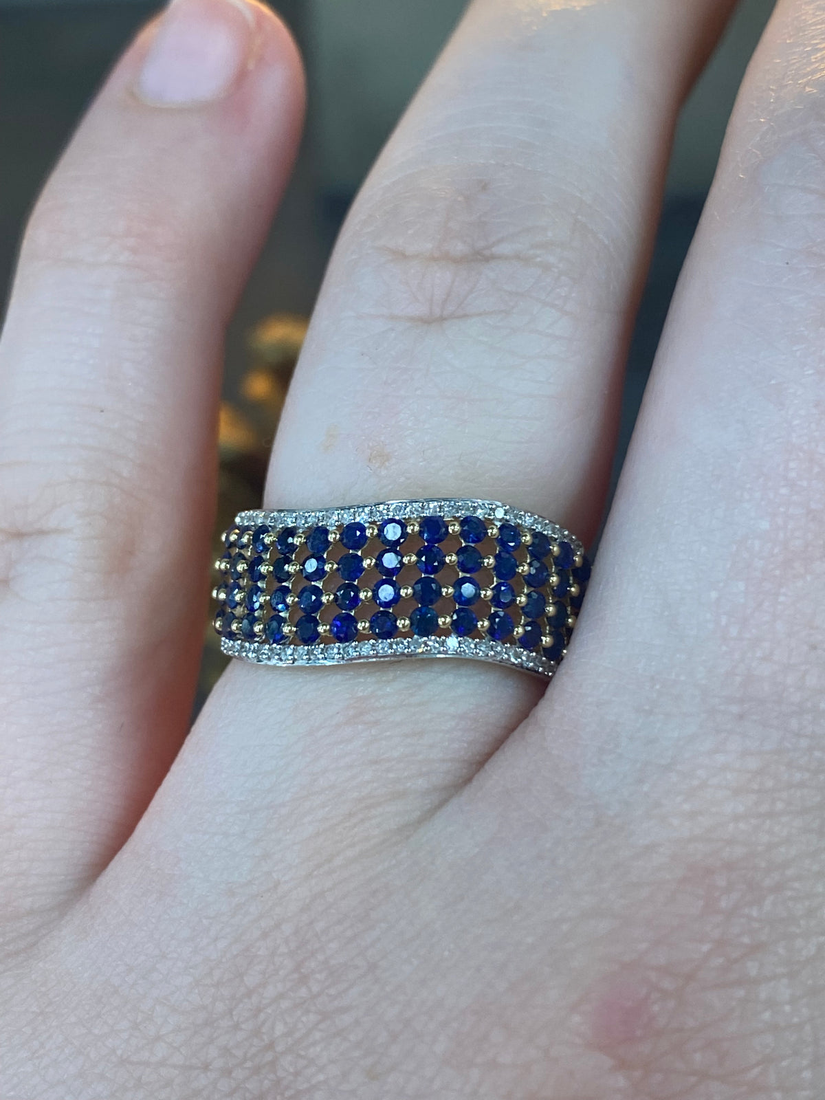 10K Yellow Gold Blue Sapphire and Diamond Wave Ring