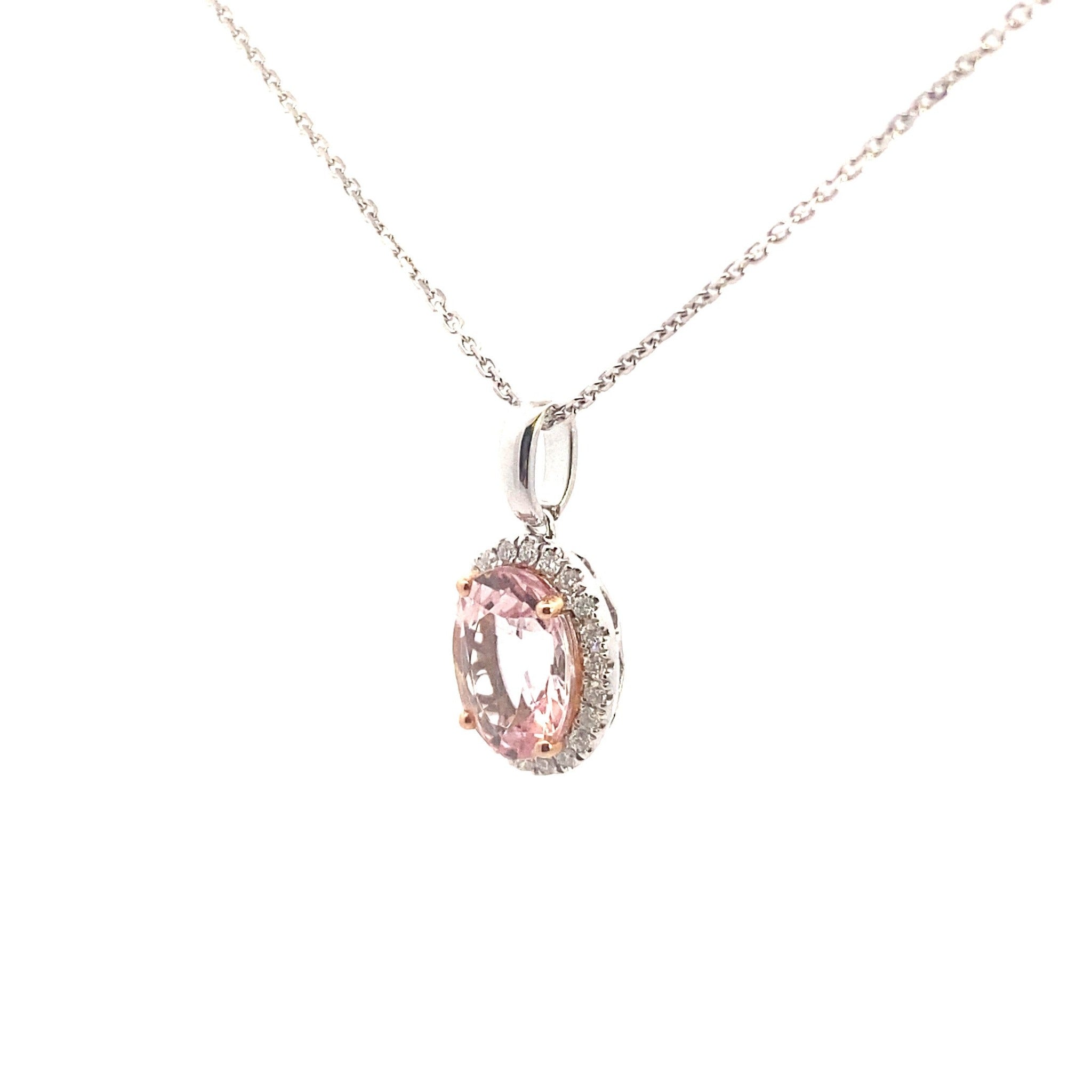 14K White Gold 2.25ct Pink Morganite & .18ct Diamond Halo Necklace