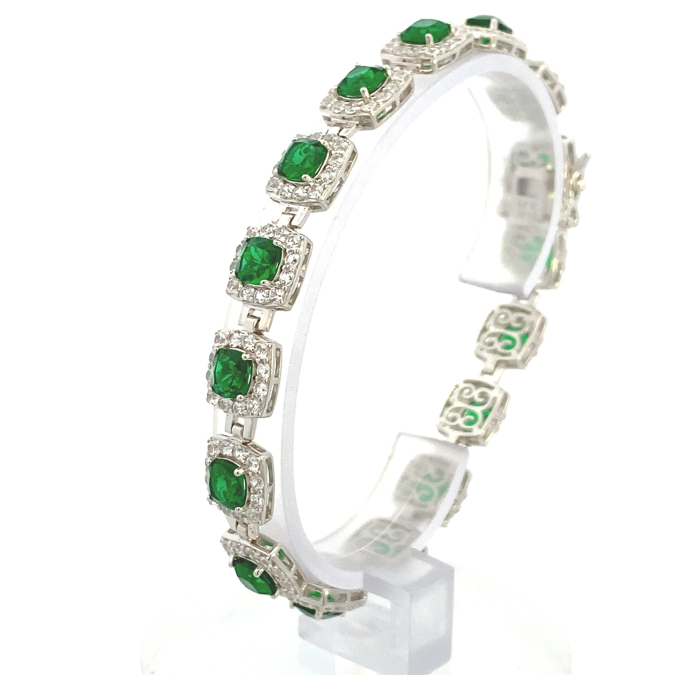 Sterling Silver Created Emerald & Created White Sapphire Halo Tennis Bracelet