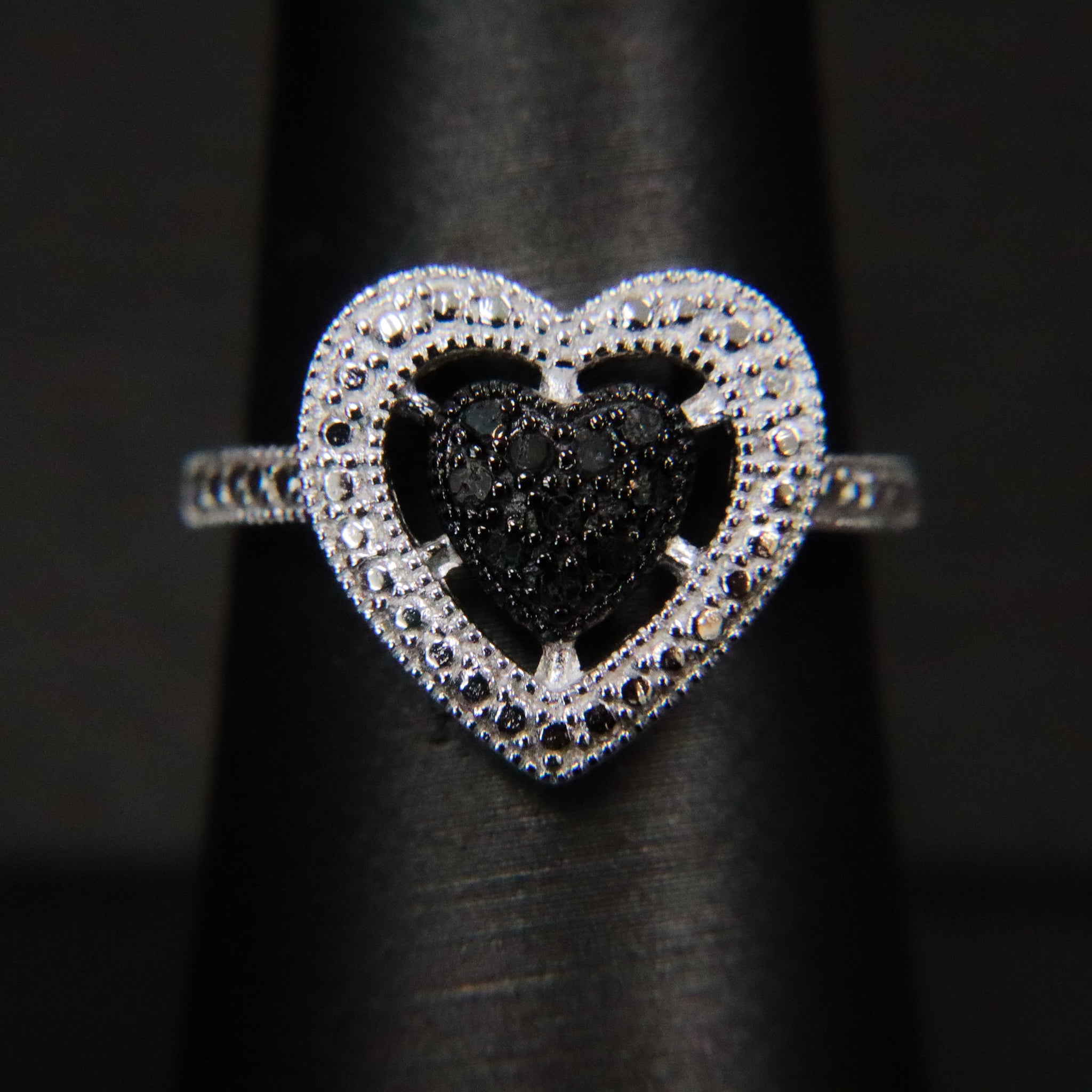 Sterling Silver Black Diamond Heart Halo Cluster Ring