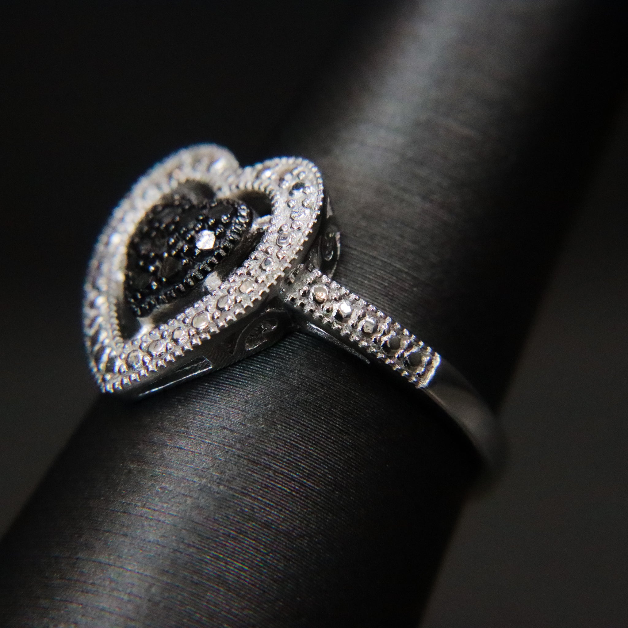 Sterling Silver Black Diamond Heart Halo Cluster Ring