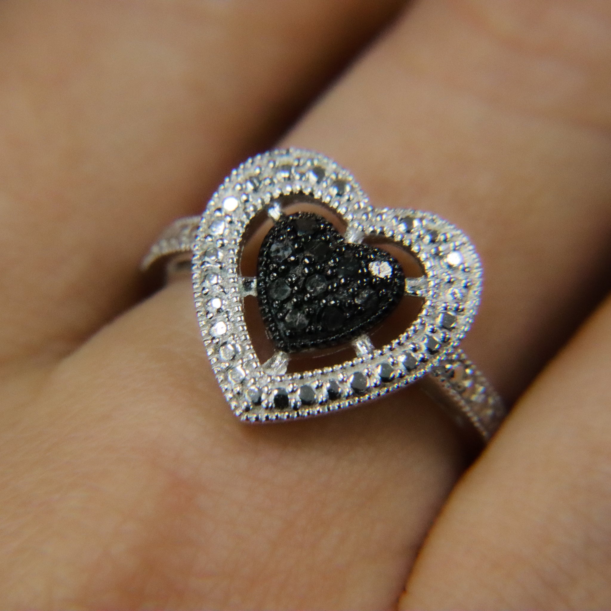 Sterling Silver Black Diamond Heart Halo Cluster Ring