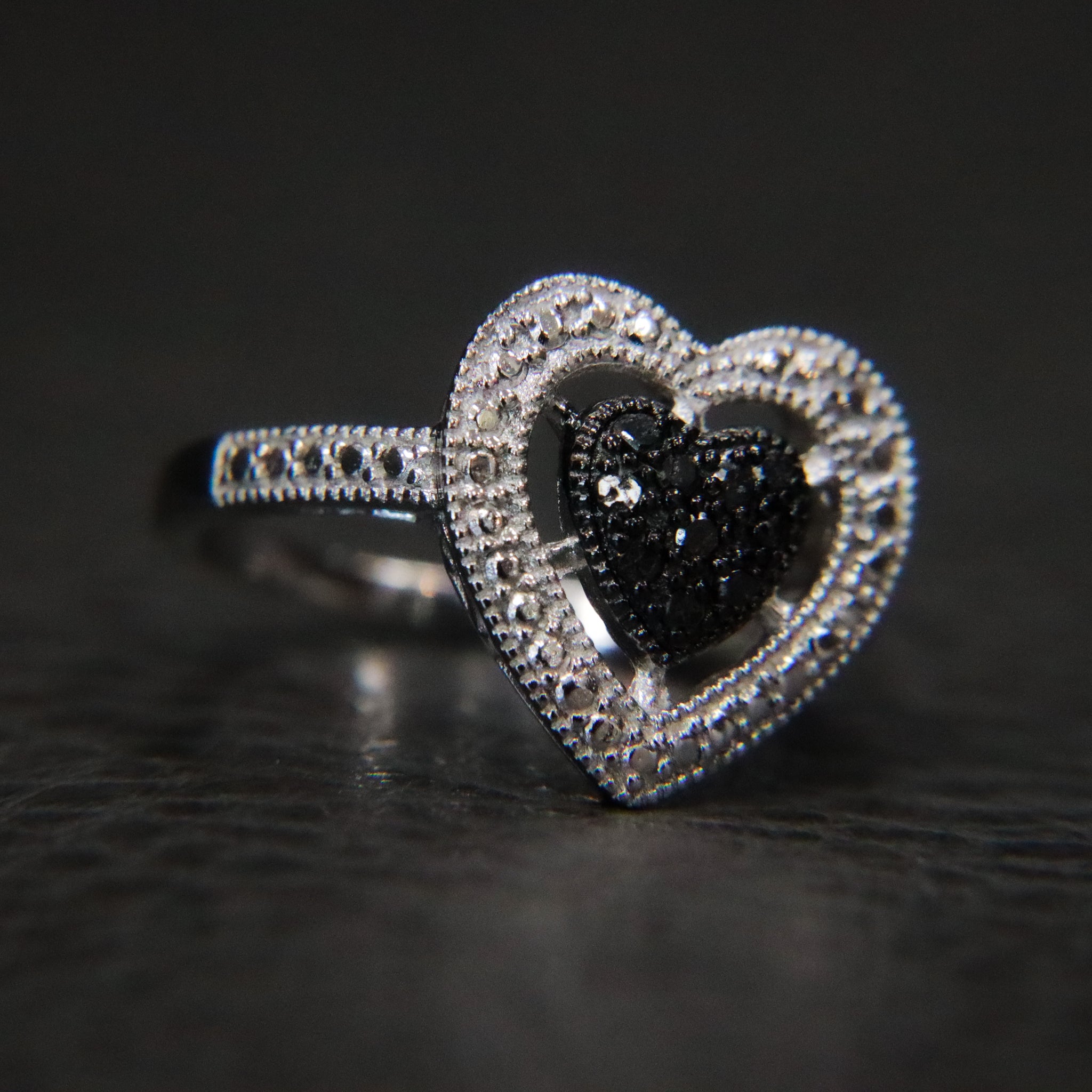 Sterling Silver Black Diamond Heart Halo Cluster Ring