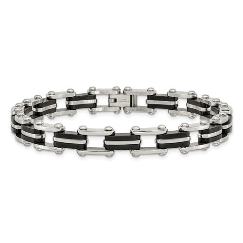 Stainless Steel Polished with Black Rubber 8.75 inch Link Bracelet