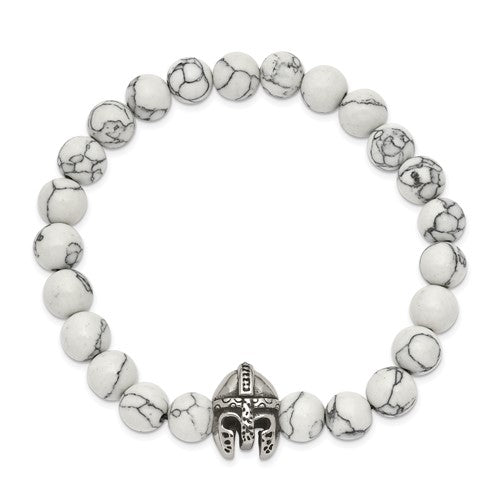 White Howlite & Stainless Steel Warrior Helmet Beaded Bracelet