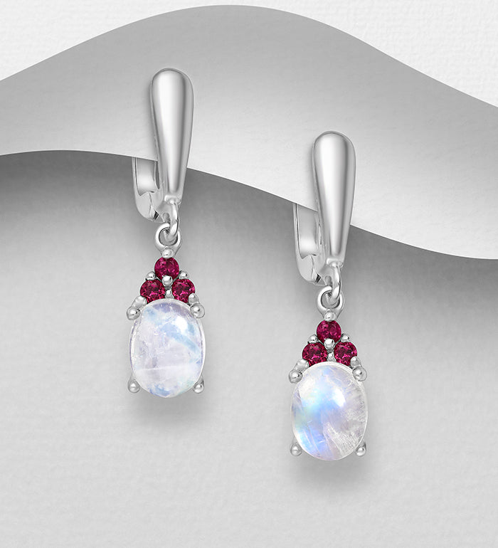 Sterling Silver Rainbow Moonstone & Rhodolite Garnet Omega Lock Stud Earrings