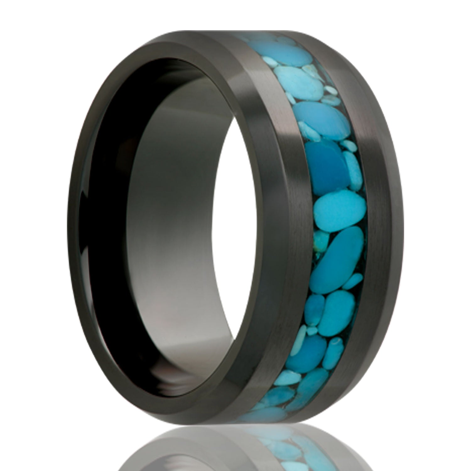HEAVY STONE Men's 8MM Black Ceramic Band with Blue Turquoise Inlay