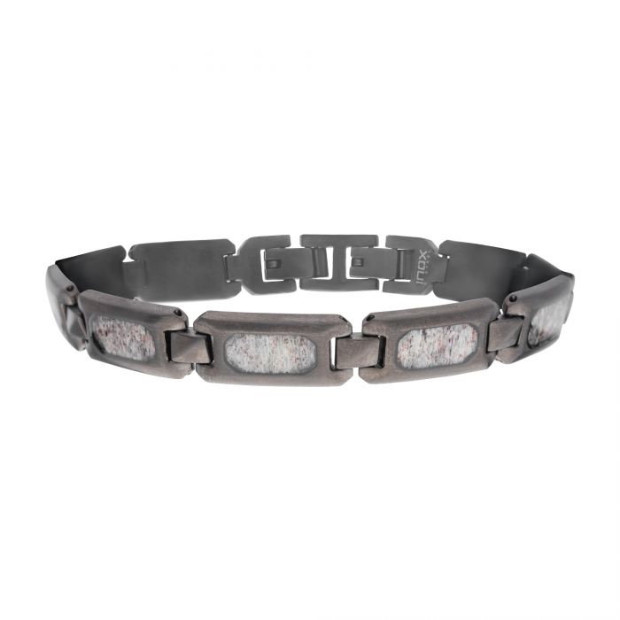 INOX Matte Stainless Steel Gun-Metal Deer Antler Inlay Link Bracelet