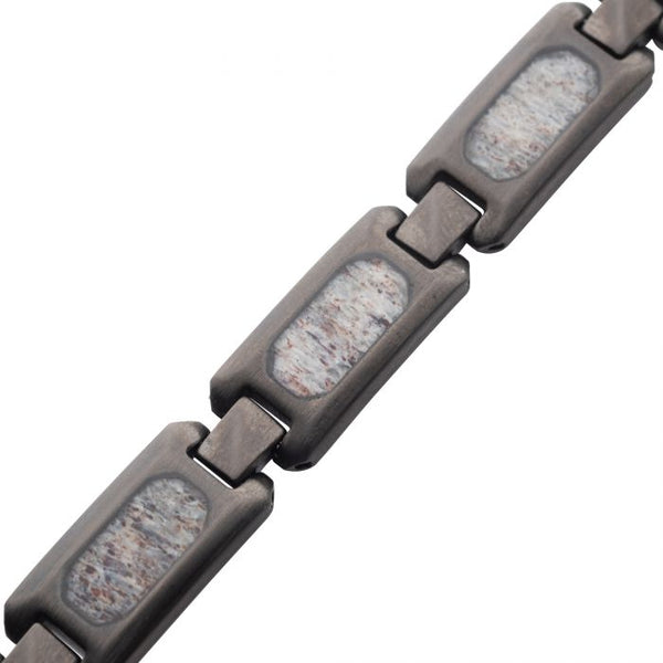 INOX Matte Stainless Steel Gun-Metal Deer Antler Inlay Link Bracelet