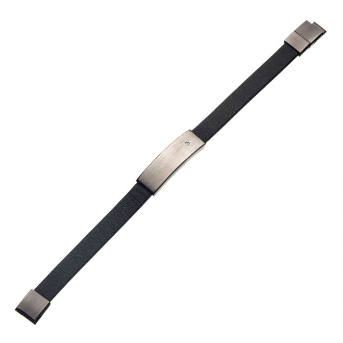 INOX Black Leather & Engravable Stainless Steel ID Bracelet