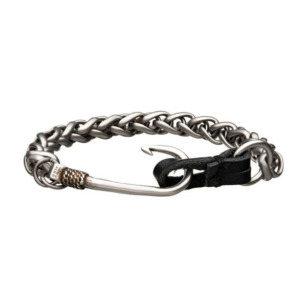 INOX Antiqued Stainless Steel & Black Leather Fish Hook Bracelet