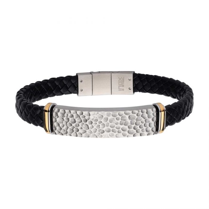 INOX Stainless Steel & Black Leather Blacksmith Hammered ID Bracelet