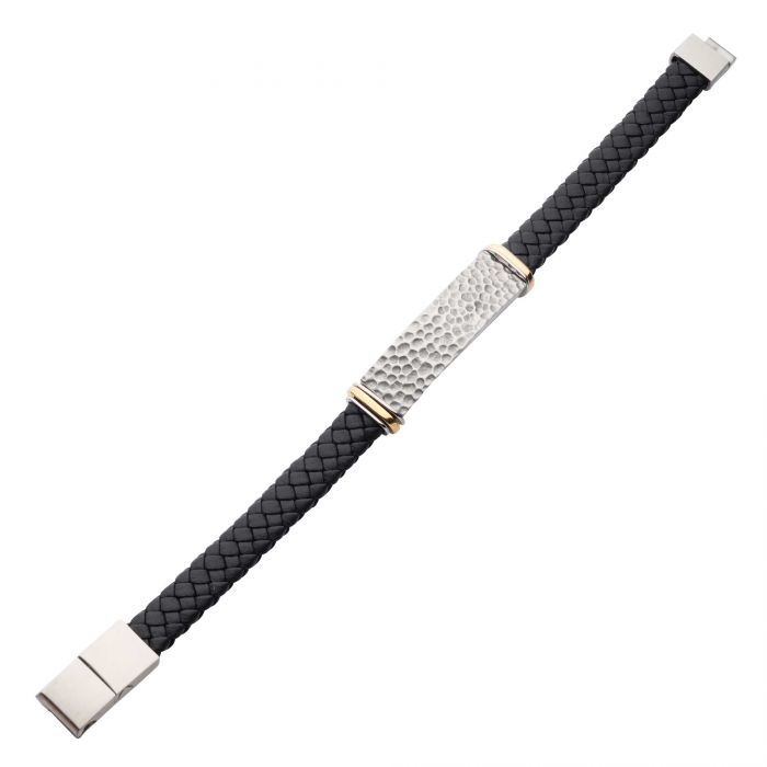 INOX Stainless Steel & Black Leather Blacksmith Hammered ID Bracelet