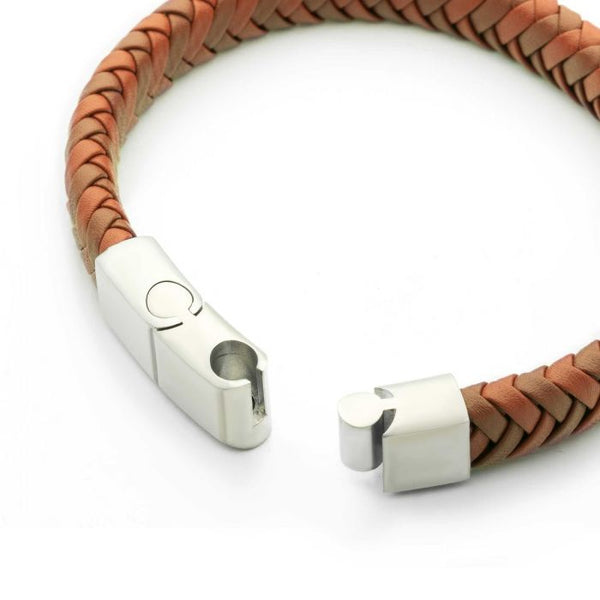 INOX Stainless Steel Genuine Two-Tone Tan Leather Woven Bracelet