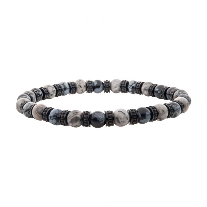 INOX Natural Grey Jasper & Snowflake Obsidian Stone Bracelet