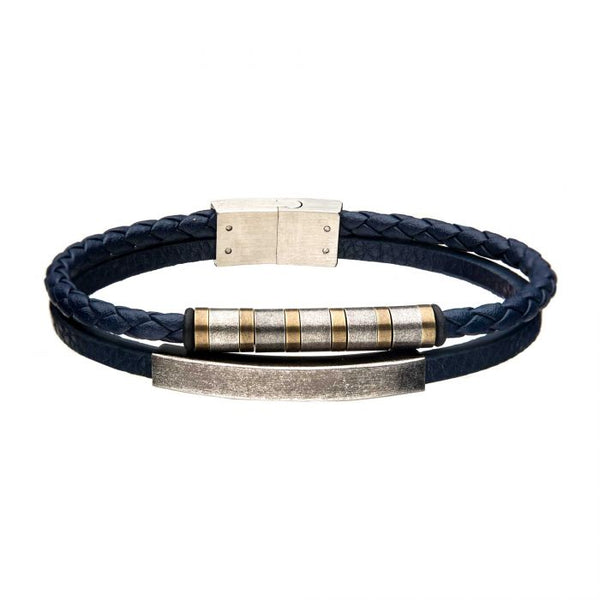 INOX Stainless Steel Bar & Blue Leather Double-Strand Bracelet