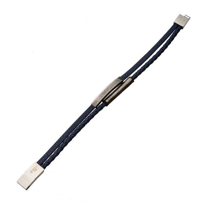 INOX Stainless Steel Bar & Blue Leather Double-Strand Bracelet