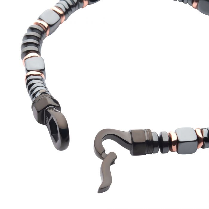 INOX Stainless Steel Black & Rose Gold Hematite Beads Bracelet