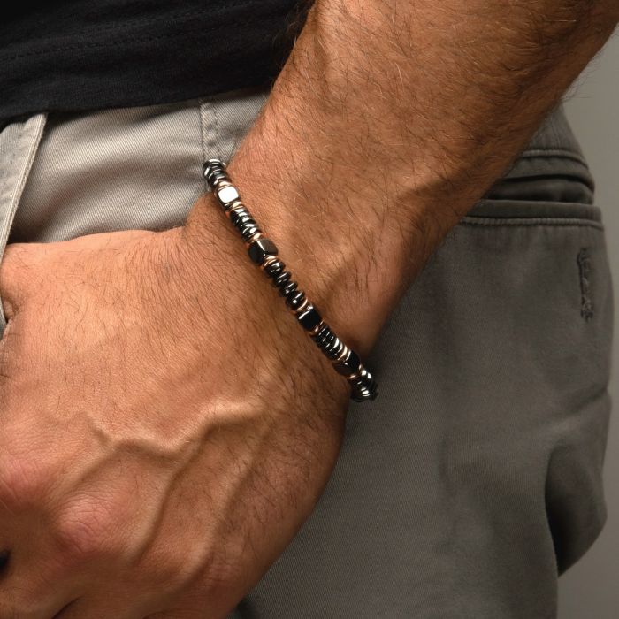 INOX Stainless Steel Black & Rose Gold Hematite Beads Bracelet