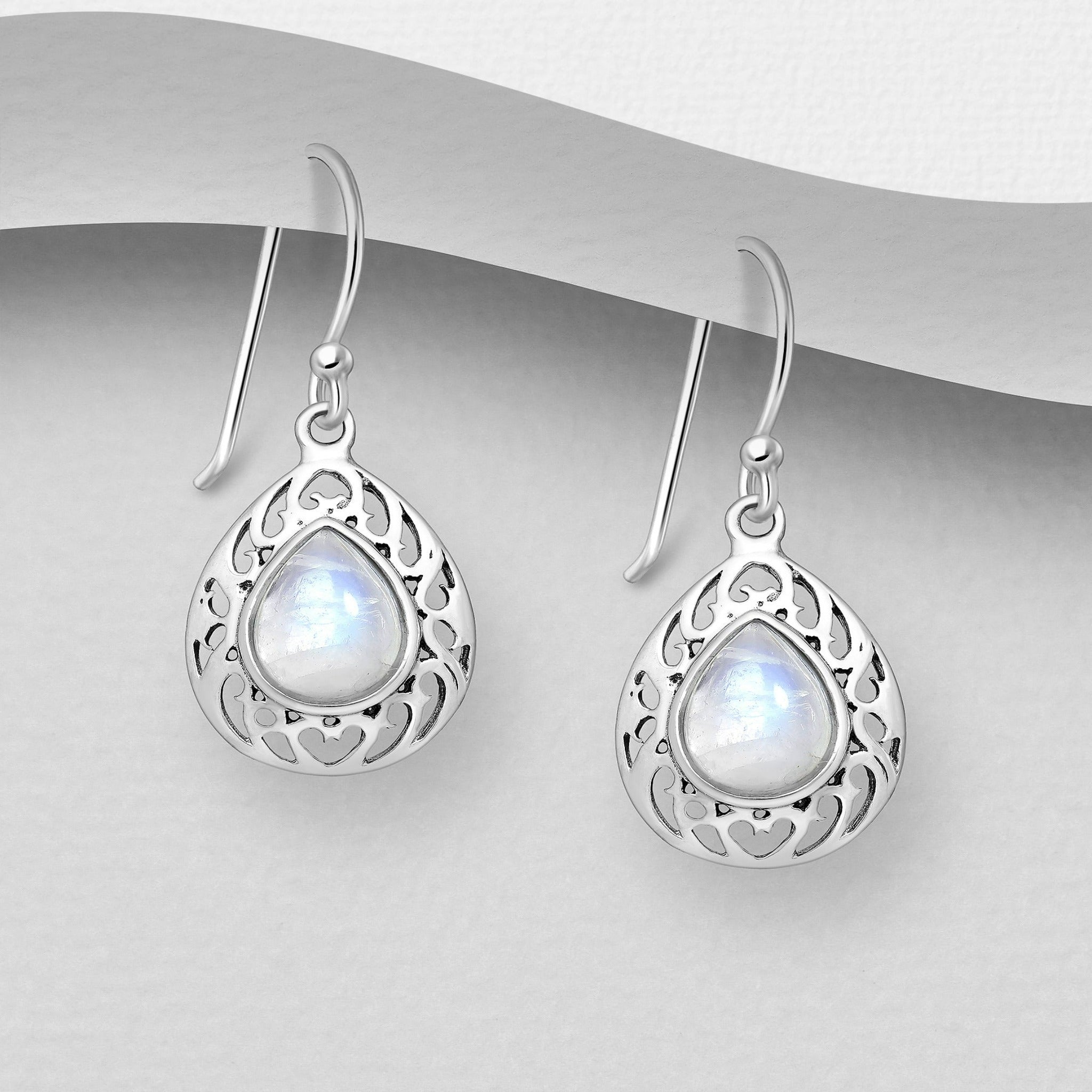 Sterling Silver Droplet Rainbow Moonstone Earrings