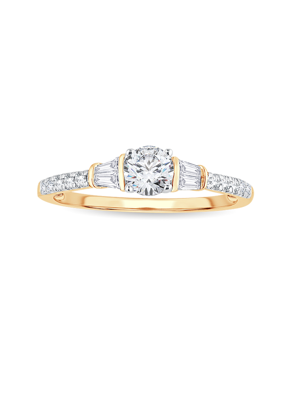 14K Yellow Gold "POPPY" 2/3CT. Diamond Solitaire & Baguette Shoulder Engagement Ring